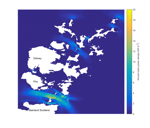 The mean annual tidal power density around the Orkney Islands derived from the 1 year long PFOW climatology