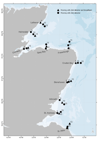 Image of the east coast of scotland. Dots are displayed at the lcoation of monitoring sites along the coastline