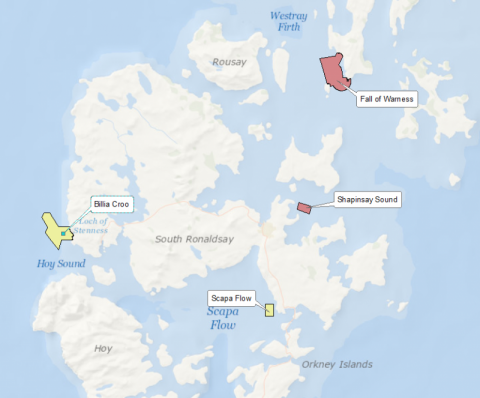 Map of the European Marine Energy Centre (EMEC) sites around Orkney