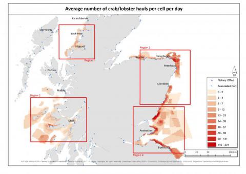 Creel effort survey map depicting average crab and lobster hauls per 4km² cells