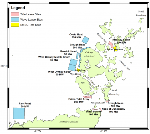 Map showing the Pentland Firth and Orkney Waters Round One Development Sites, their nominal capacity, and the European Marine Energy Centre (EMEC) test sites. Modified from The Crown Estate (2013).