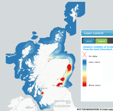 Relative visibility of Scotland’s coastal marine areas from the land (Viewshed analysis) © MaREI Centre for Marine and Renewable Energy, University College Cork