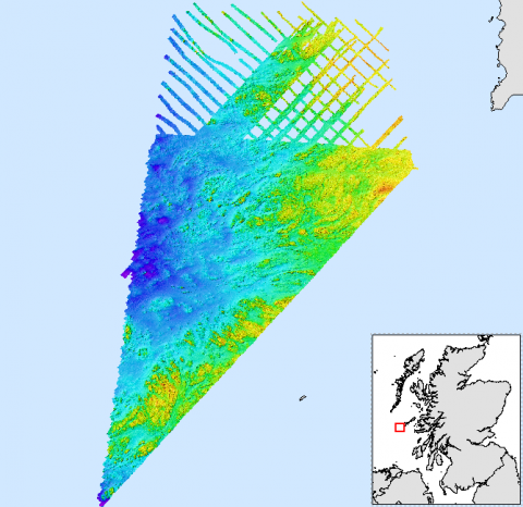 Map of colour coded seabed bathymetry from near Tiree Scotland