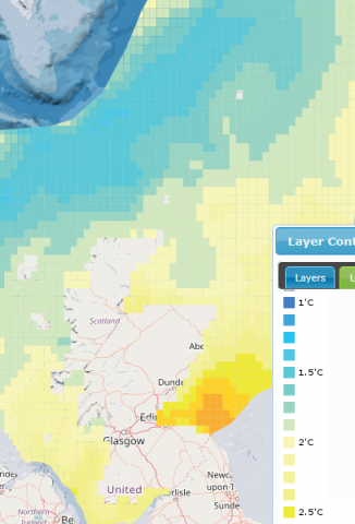 UKCP09 Projections - Sea Surface Temperature - Summer (medium emissions-projected to 2085)