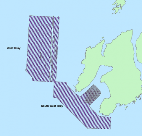 Colour coded seabed bathymtric map from the west of Islay