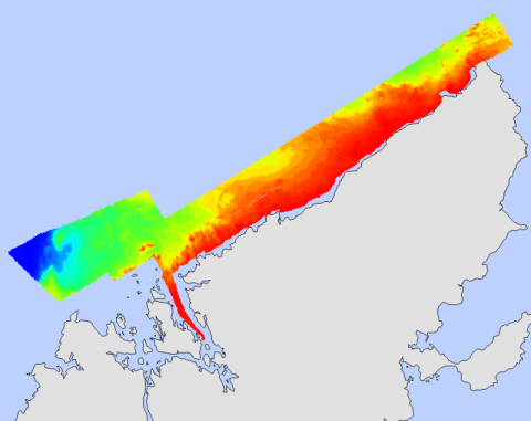 Map of colour coded seabed bathymetry from the west coast of Lewis