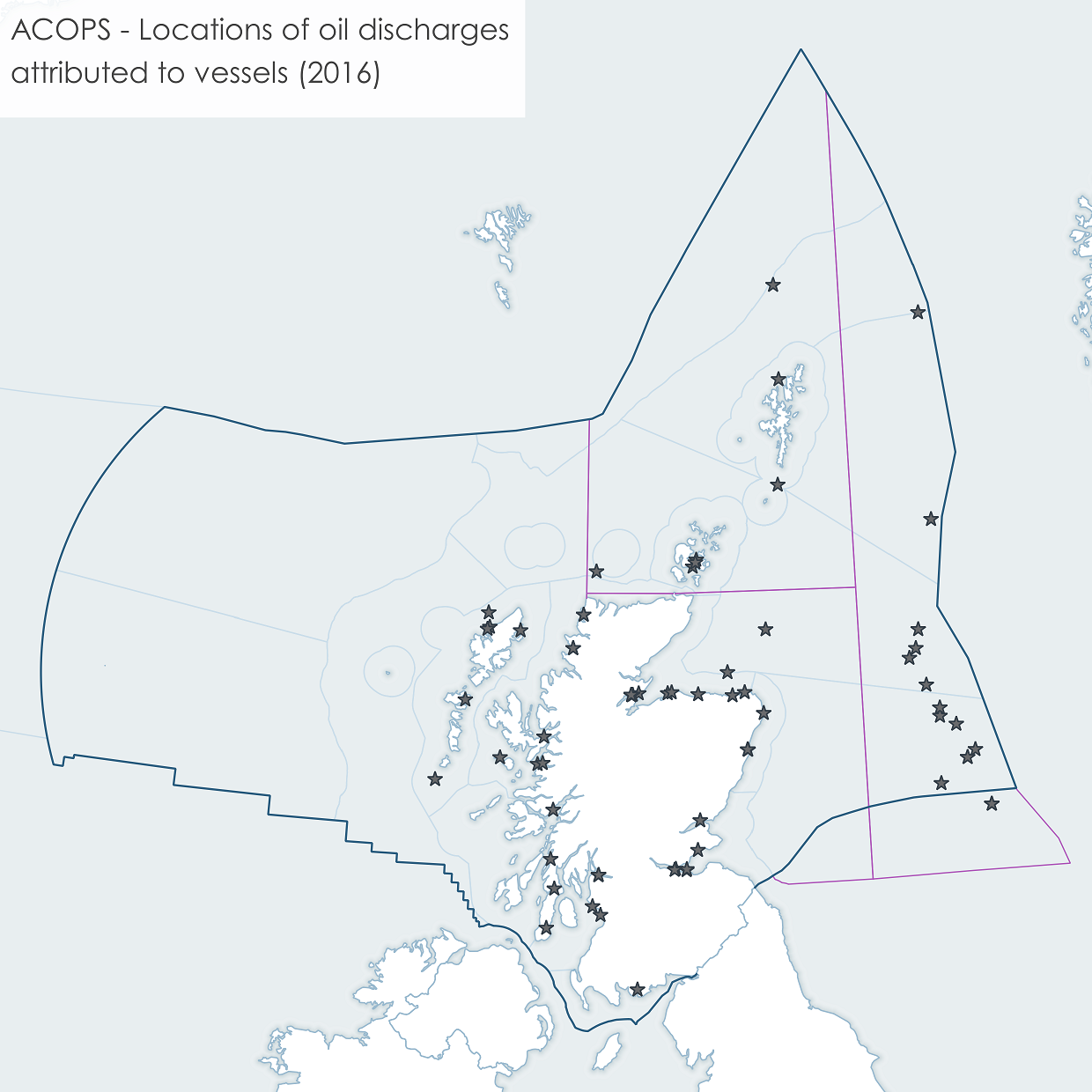 Locations of oil discharges attributed to vessels in docks, harbours, estuaries and at sea.