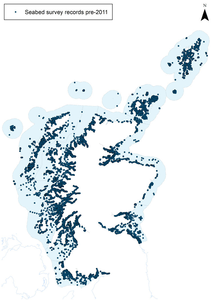 Distribution of seabed habitat sampling records in the Marine Recorder database in Scottish territorial waters (a) pre-2011. © Crown copyright [and database rights] 2020 OS 100017908.