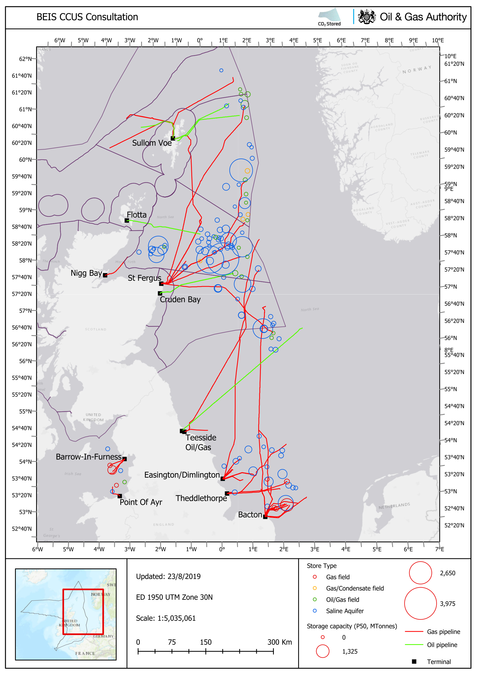 Figure 1: Map of UK offshore infrastructure and potential carbon dioxide storage sites.