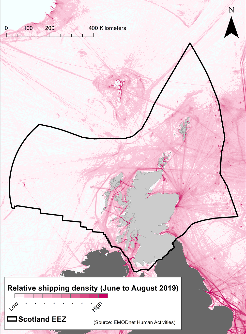 Figure a. Relative vessel density (June – August 2019) per 1 km2 in Scottish waters. The greater the intensity of pink, the higher the relative density of shipping. (Source: EMODnet)