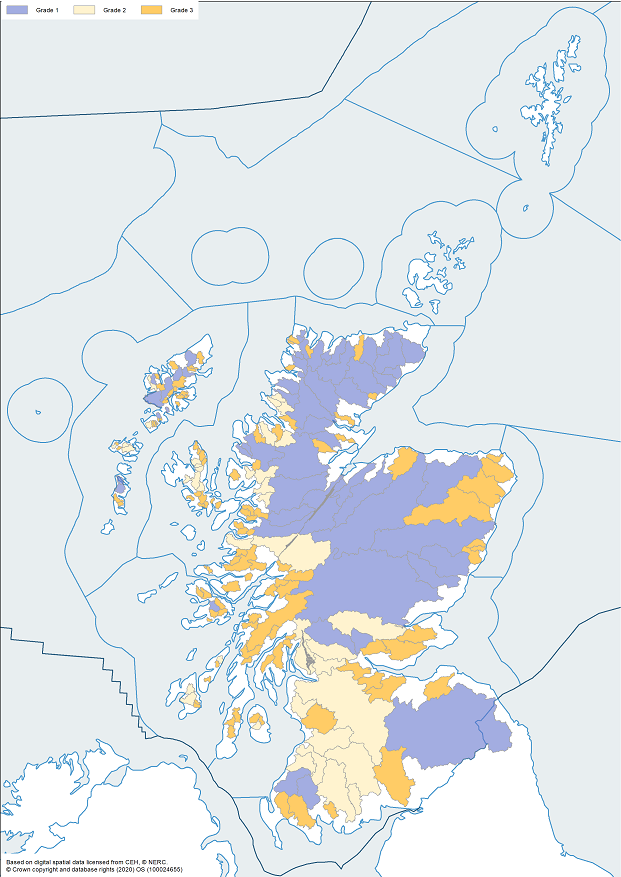 Figure 4: Map showing the Conservation status of the 173 assessment areas in Scotland for the 2019 fishing season. (blue = good conservation status; cream = moderate conservation status; orange = poor conservation status) 