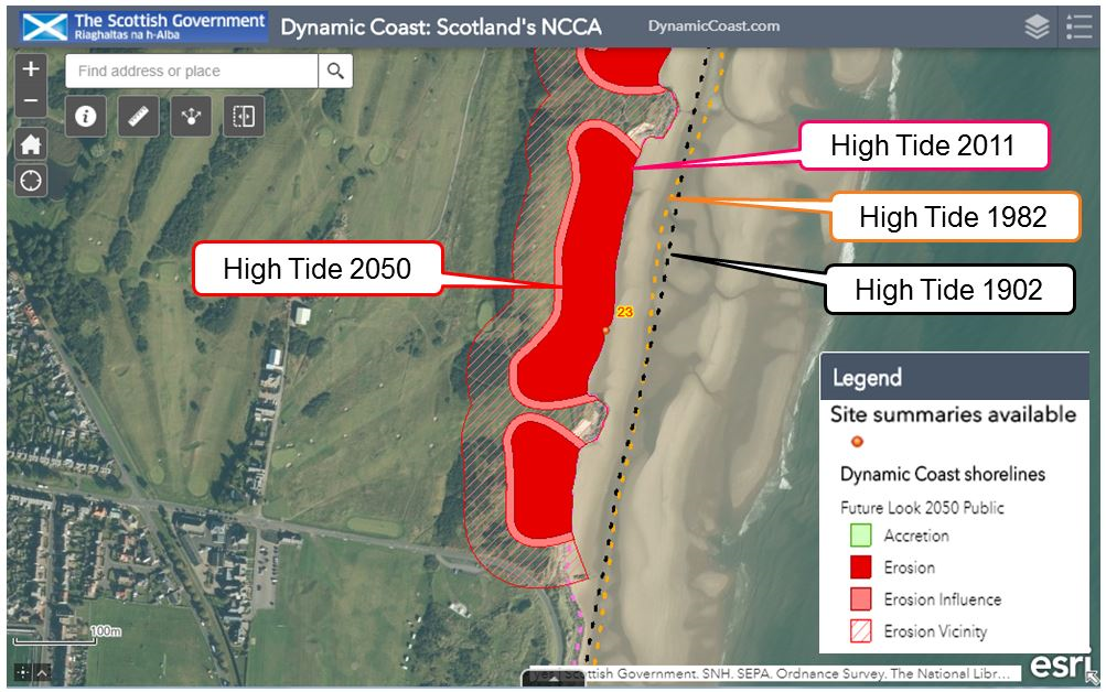 Figure 1: Past and anticipated coastal changes at Montrose (Angus), based on the historic, recent and modern tide line (Mean High Water Springs). Source: Dynamic Coast.