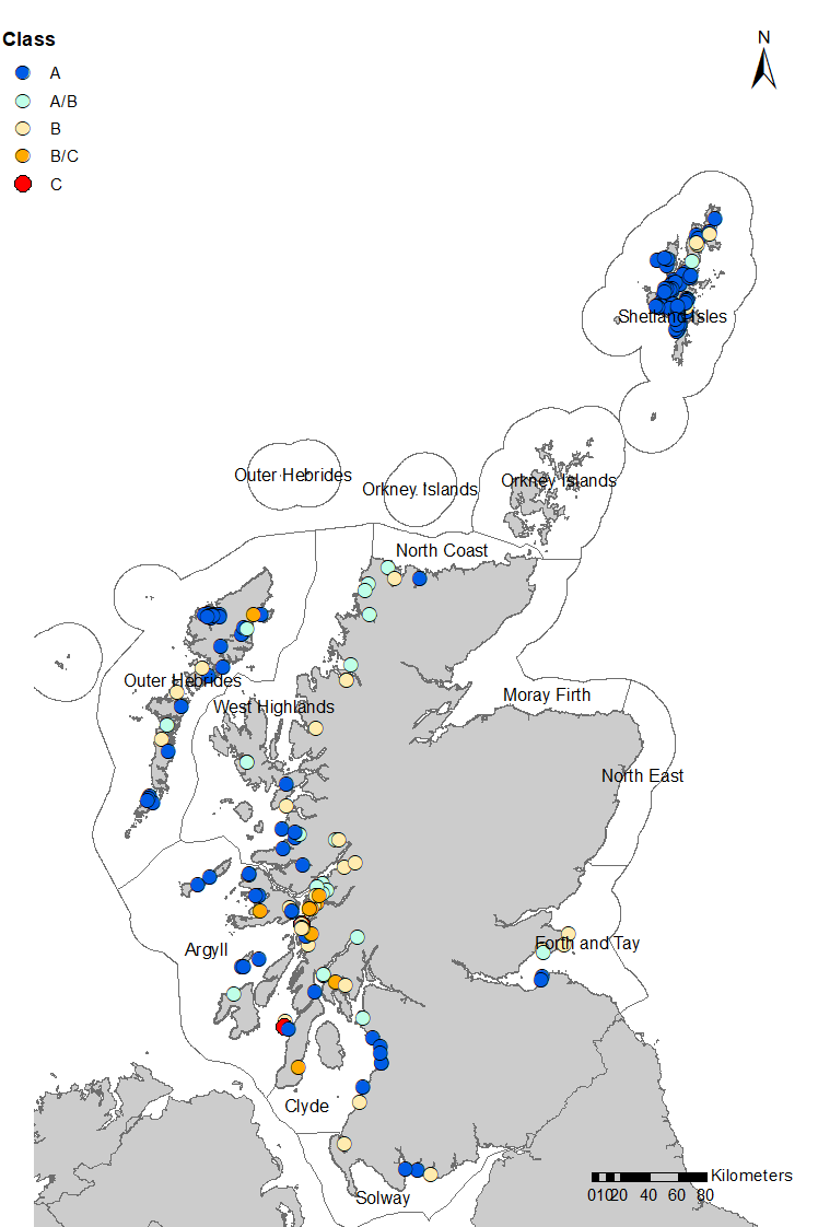 Figure 1: Map showing the 2019/20 classification for shellfish production areas, using 2016 – 2018 data.