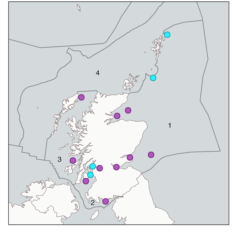Figure 1: Monitoring stations included in the EROD status and trend assessments in fish per biogeographic region 