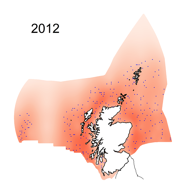 Figure f: Relative modelling precisions for sea-floor litter densities within the Scottish Zone 2012
