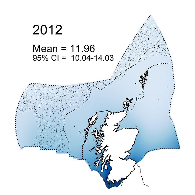 Figure e1: Modelled sea-floor litter density (items km-2) within the Scottish Zone for 2012