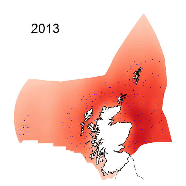 Figure f: Relative modelling precisions for sea-floor litter densities within the Scottish Zone 2013