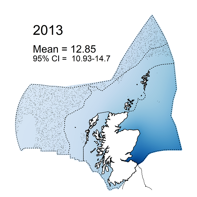 Figure e2: Modelled sea-floor litter density (items km-2) within the Scottish Zone for 2013