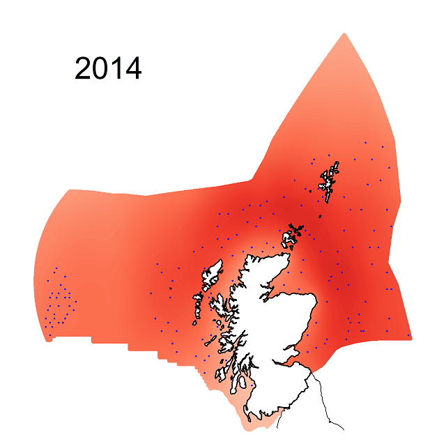 Figure f: Relative modelling precisions for sea-floor litter densities within the Scottish Zone 2014