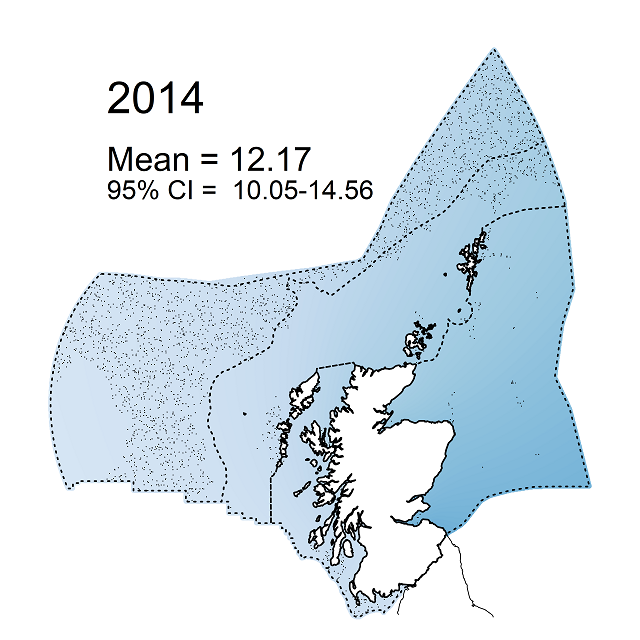 Figure e3: Modelled sea-floor litter density (items km-2) within the Scottish Zone for 2014