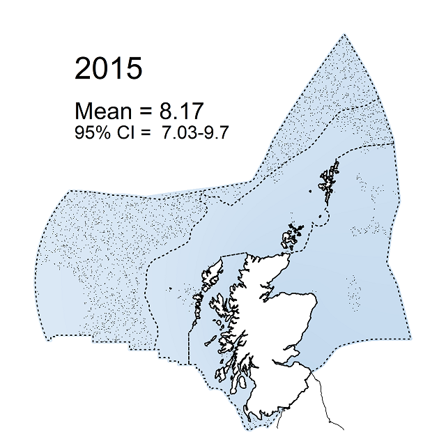 Figure e4: Modelled sea-floor litter density (items km-2) within the Scottish Zone for 2015