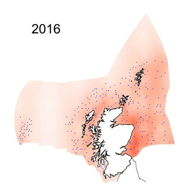 Figure f: Relative modelling precisions for sea-floor litter densities within the Scottish Zone 2016