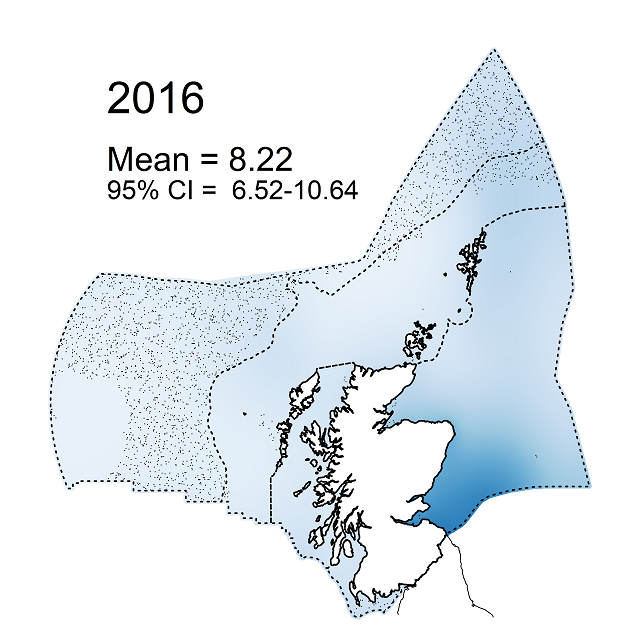 Figure e5: Modelled sea-floor litter density (items km-2) within the Scottish Zone for 2016