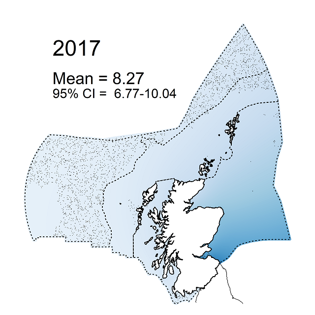 Figure e6: Modelled sea-floor litter density (items km-2) within the Scottish Zone for 2017