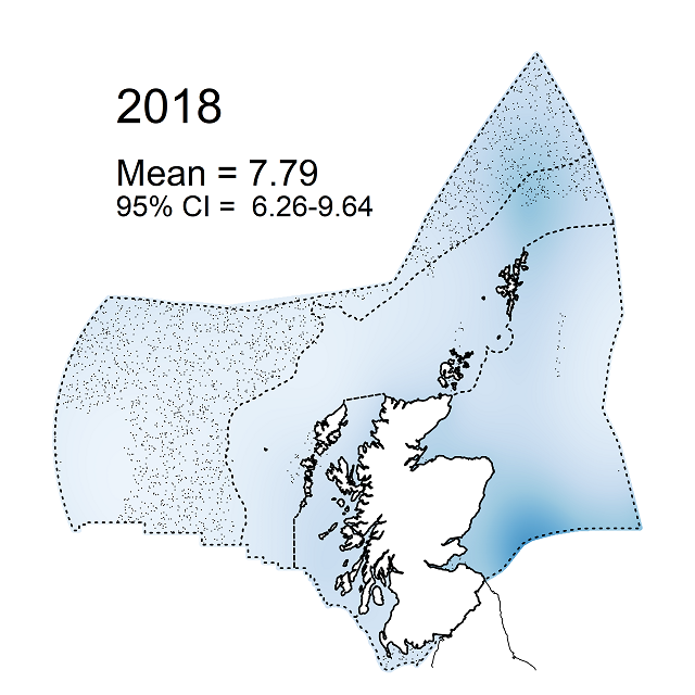 Figure e7: Modelled sea-floor litter density (items km-2) within the Scottish Zone for 2018