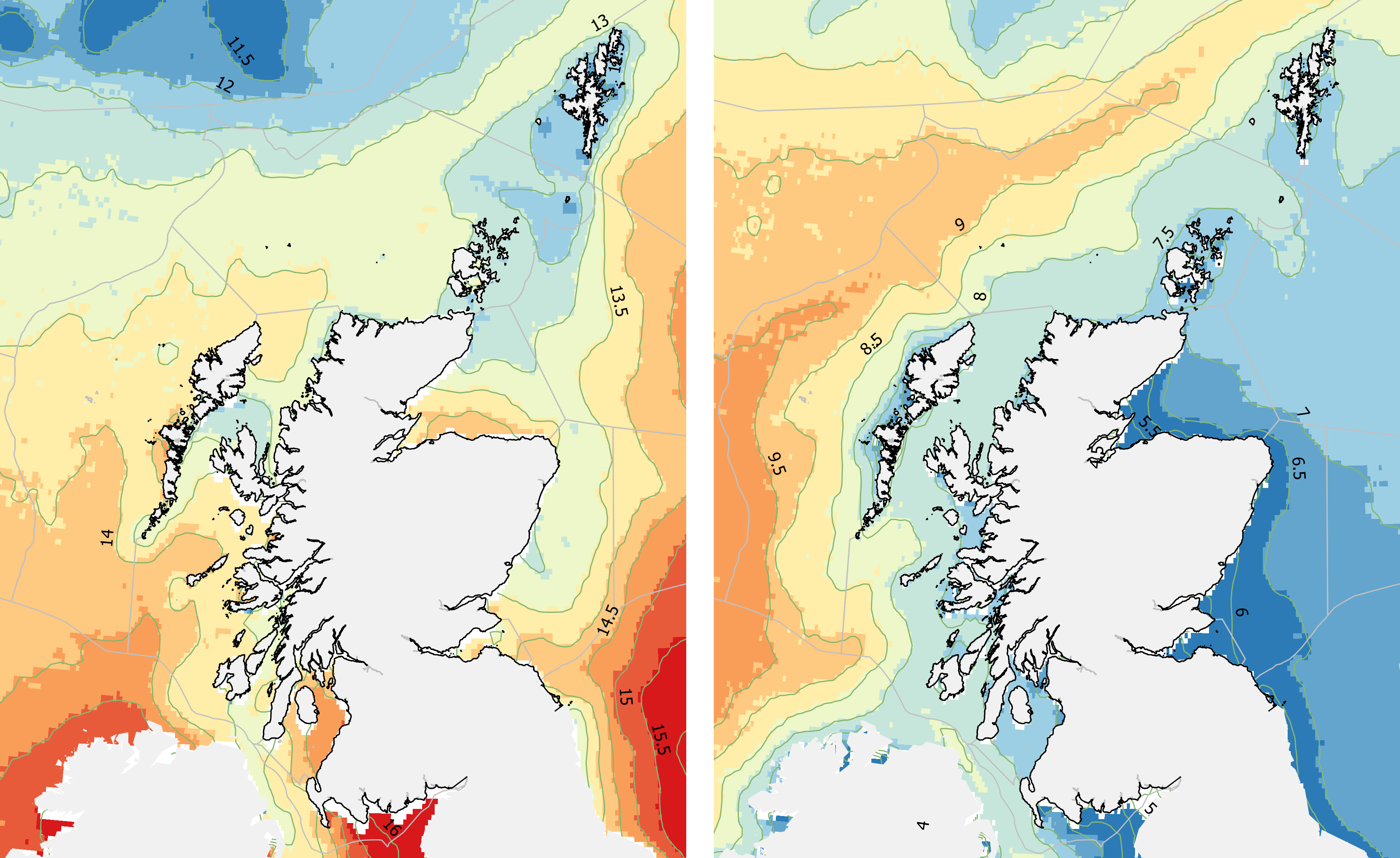 Sea surface temperature: (left) August 1982-2018 average, (right) February 1982- 2018 average (Data: NOAA OISST V2 HR daily 4km SST). Contours show 0.5°C intervals