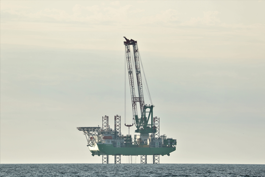 Figure 1: A jack-up pile driving vessel installing wind turbine foundation piles in the Moray Firth, July 2019. © University of Aberdeen