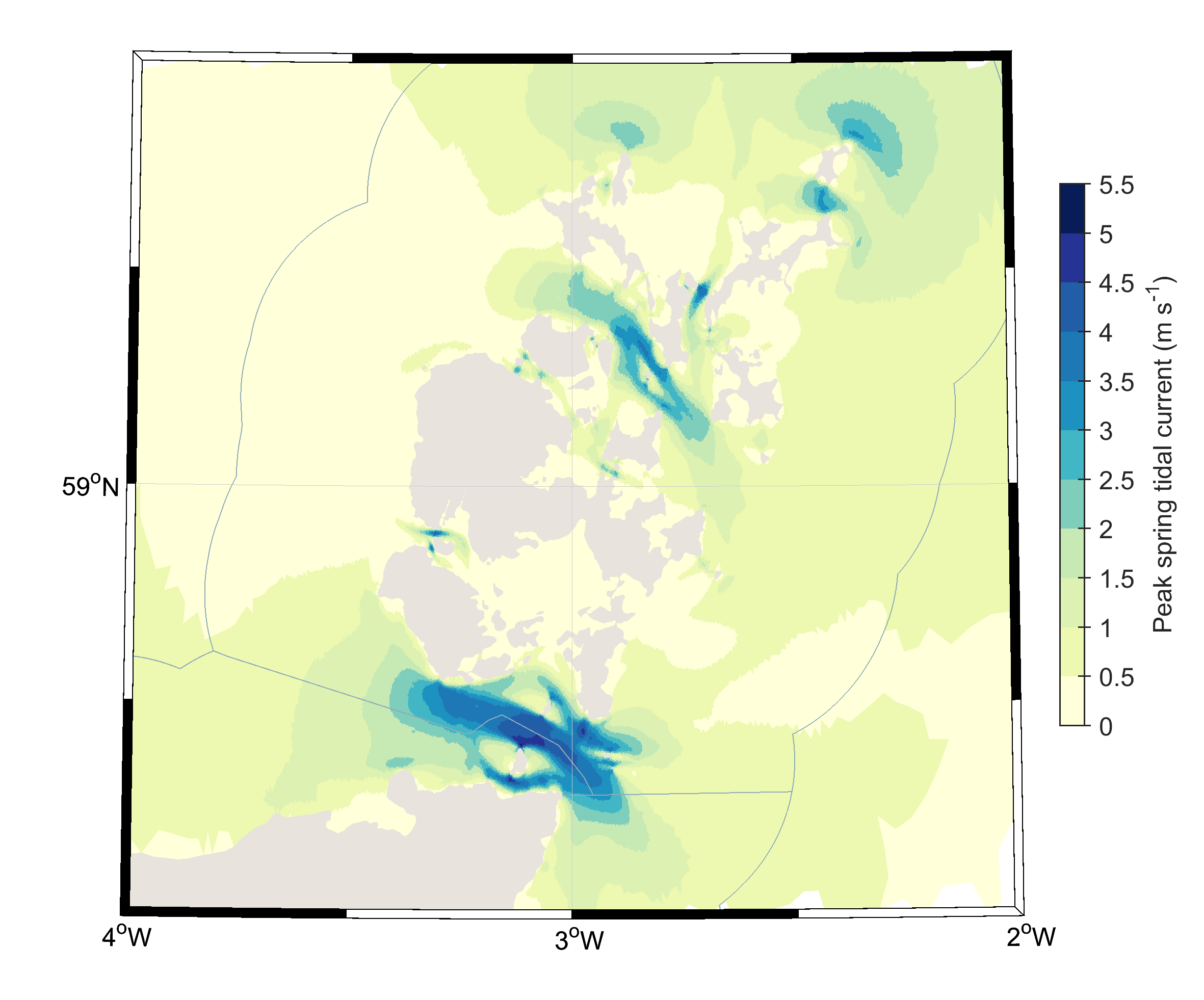 Figure 3: Annual mean depth average peak current speed at spring tide around the Islands of Orkney and the Pentland Firth.