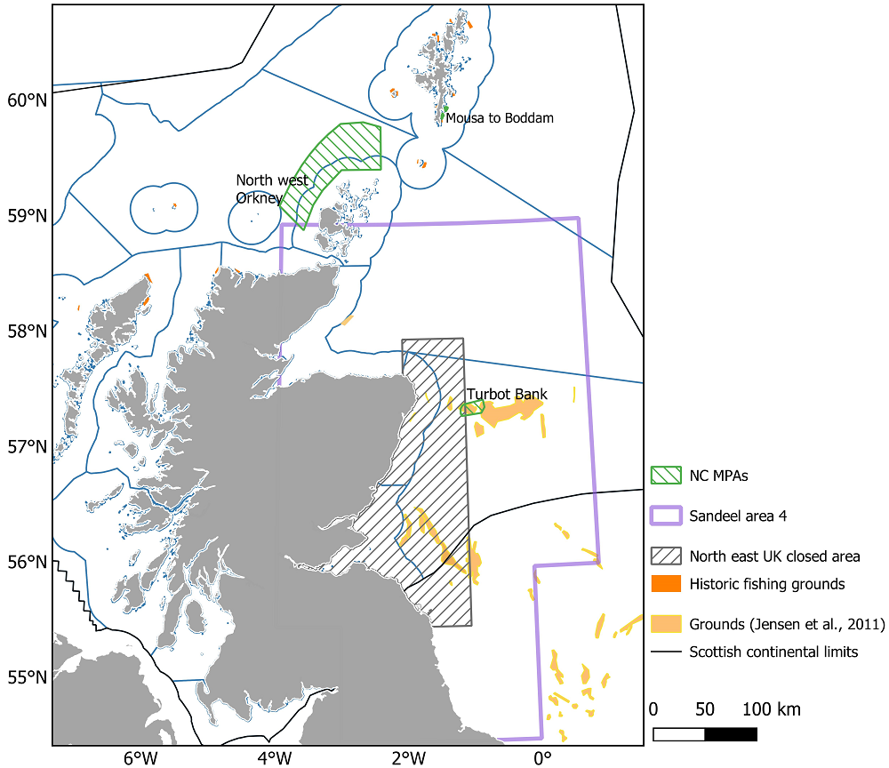 Chart showing the extent of ICES assessment area 4 and the various spatial measures for sandeels within Scottish waters. Blue lines show Scottish Marine and Offshore Regions for context.