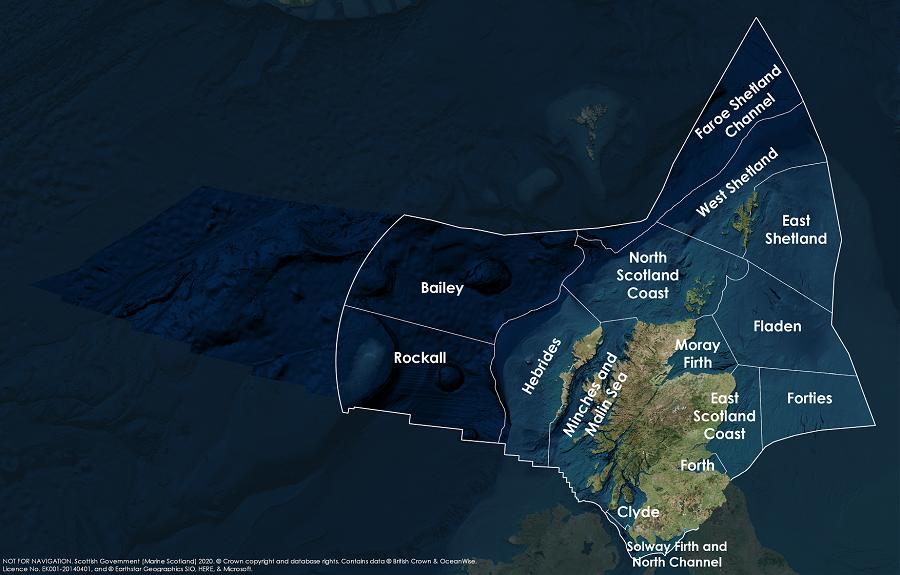 Scottish Sea Areas as used in Scotland's Marine Atlas 2011. These are sub divisions of the biogeographic, or Charting Progress 2 (CP2), Regions. 