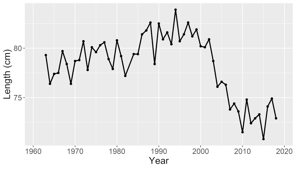 Mean length of salmon that have spent 2 winters at sea sampled during July in the North Esk commercial nets 1963-2018