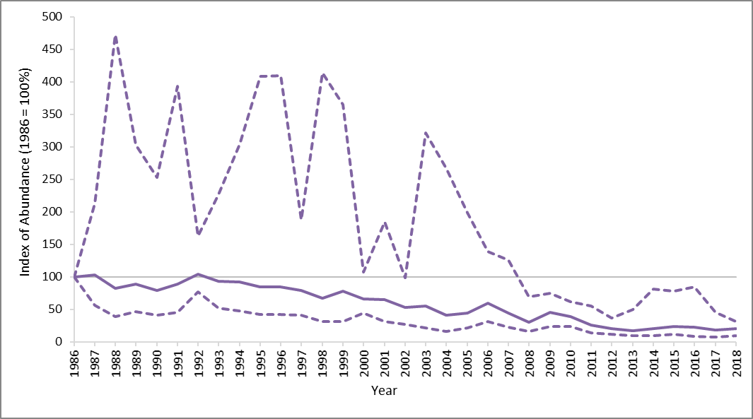 Figure b: Trend in Arctic skua in Scotland from 1986 to 2018. The trendline is the solid line, with upper and lower 95% confidence intervals shown by dashed lines. Figure from JNCC (2020).