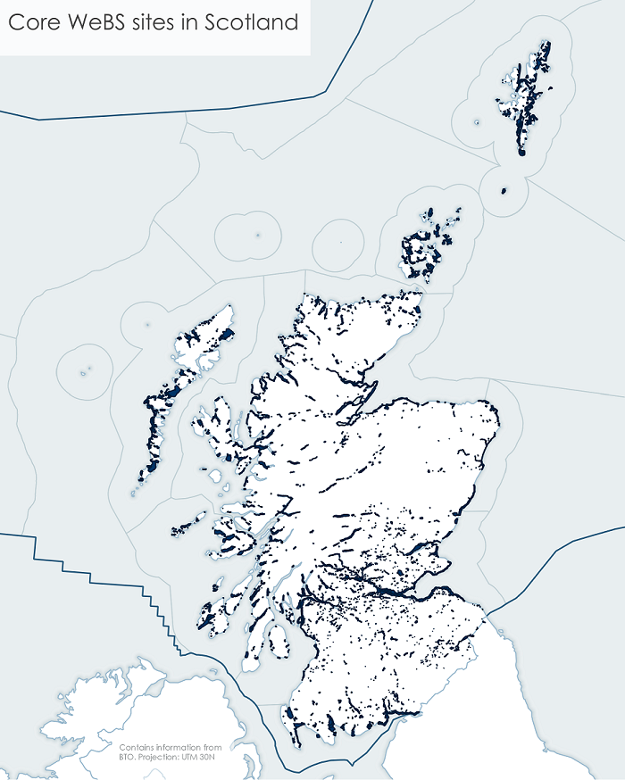 Figure a: WeBS Core counts coverage (dark blue) in Scotland.