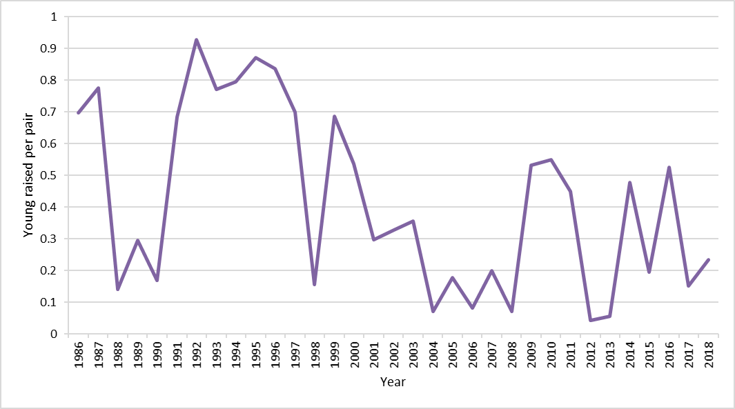 Figure c: Arctic skua productivity in Scotland from 1986 to 2018.