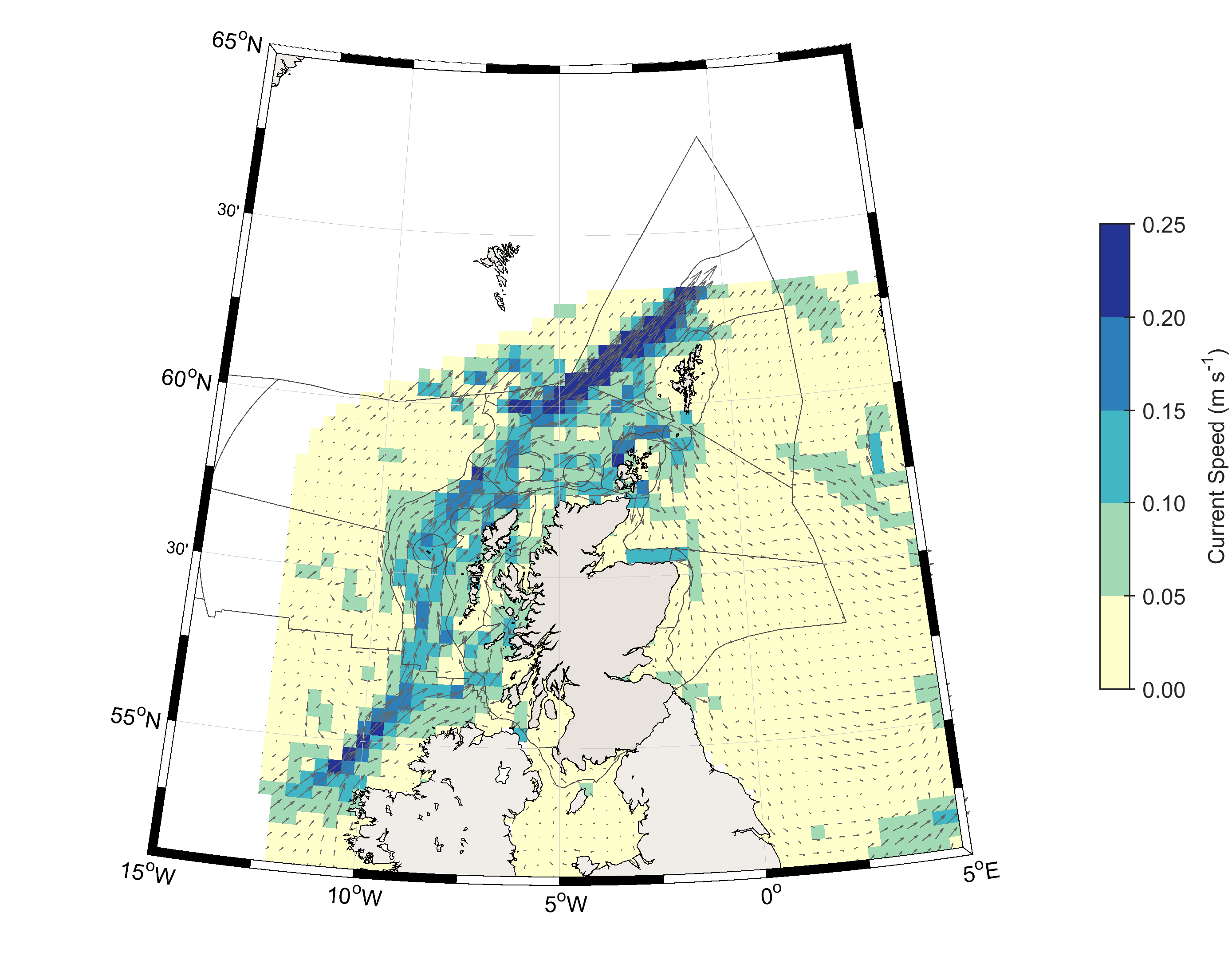 Figure 1: The general circulation pattern around the Scottish coast and North Sea, as represented by the Scottish Shelf Model