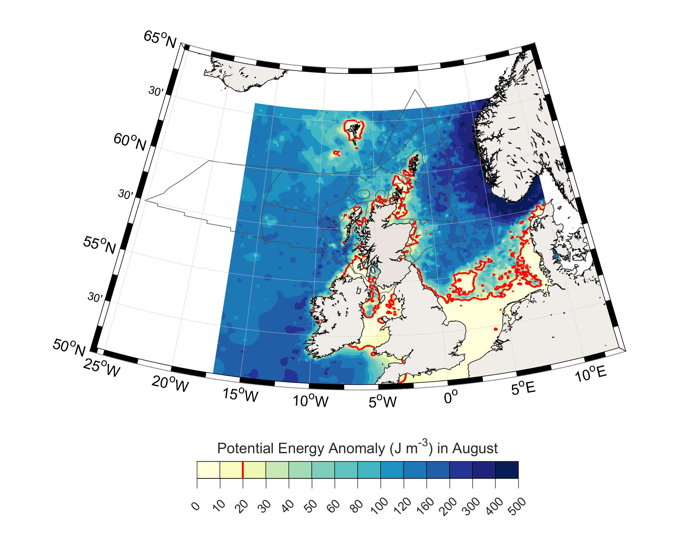 Figure 2: Map showing the strength of stratification in August