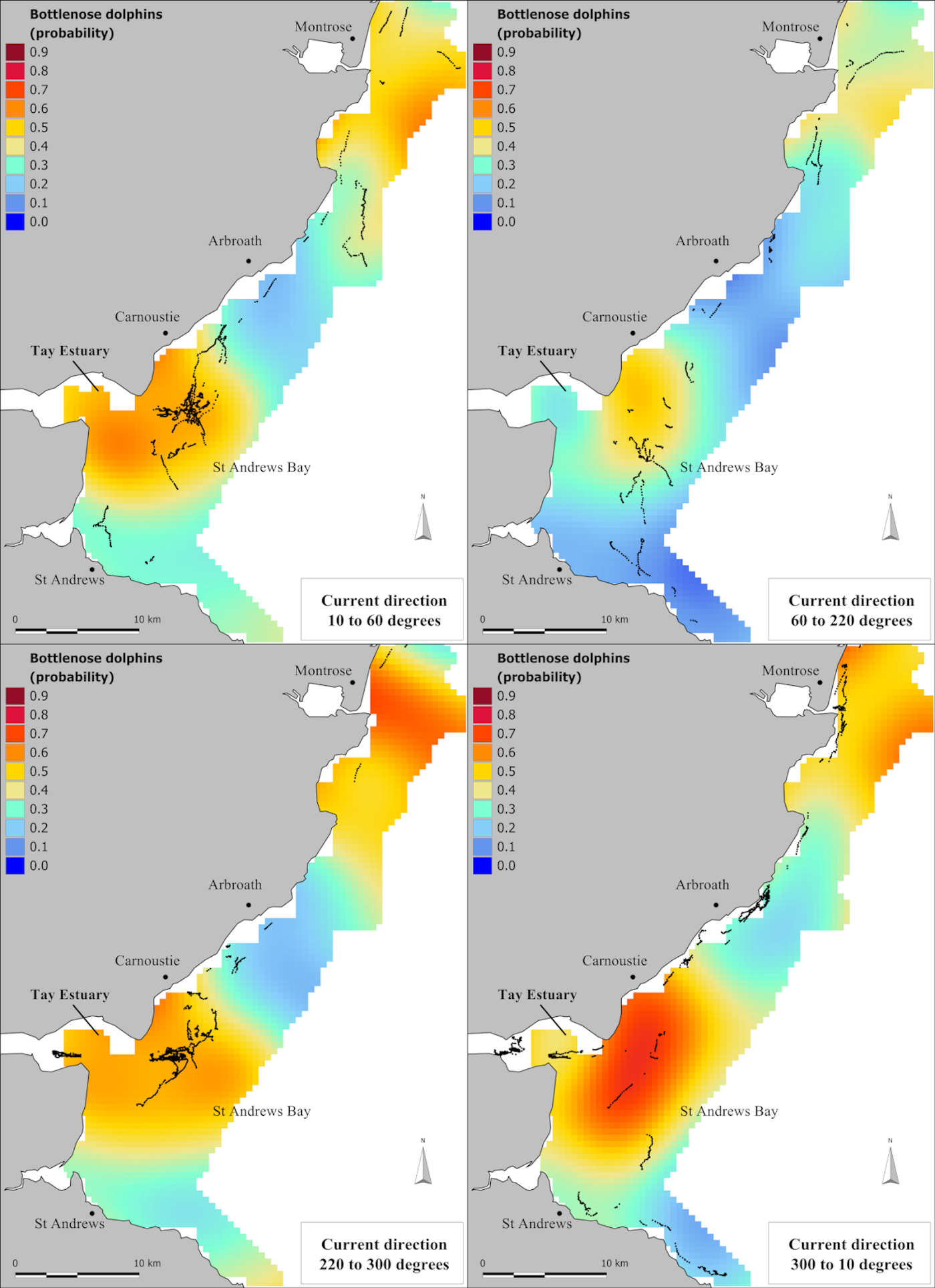 Figure cc: Predicted probability of presence of bottlenose dolphins in St Andrews Bay and Tay Estuary combined area for different current directions, with associated bottlenose dolphin presence points recorded)