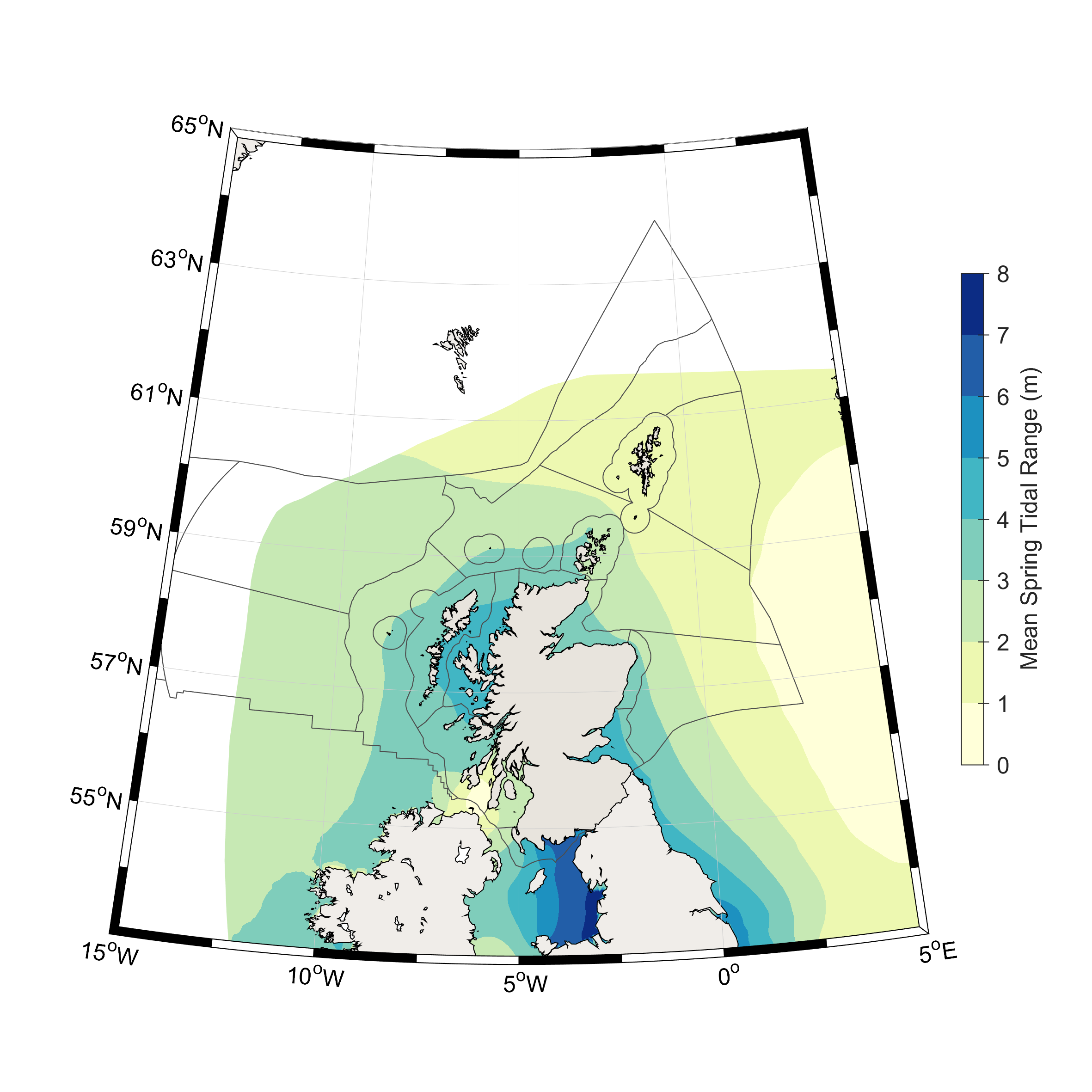 Figure 1: Mean spring tidal range for Scottish waters from the Scottish Shelf Model.