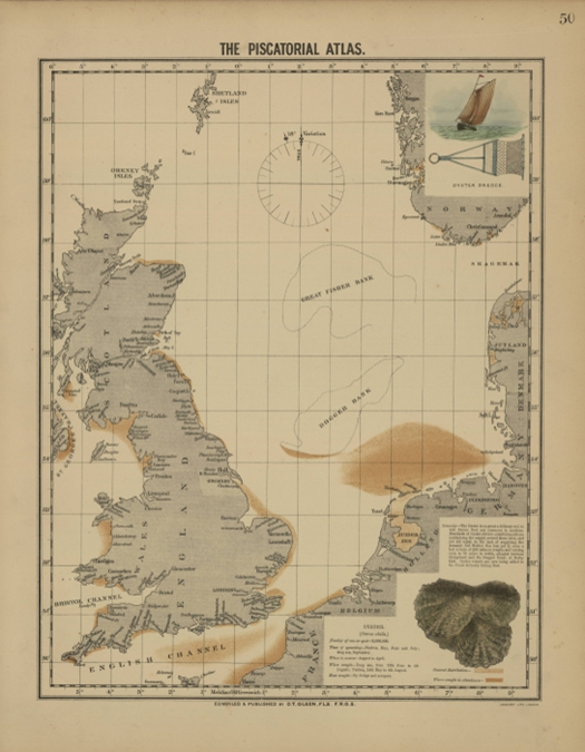 Figure 2: Olsen (1883) map of native oyster beds around Scotland and in the North Sea. 