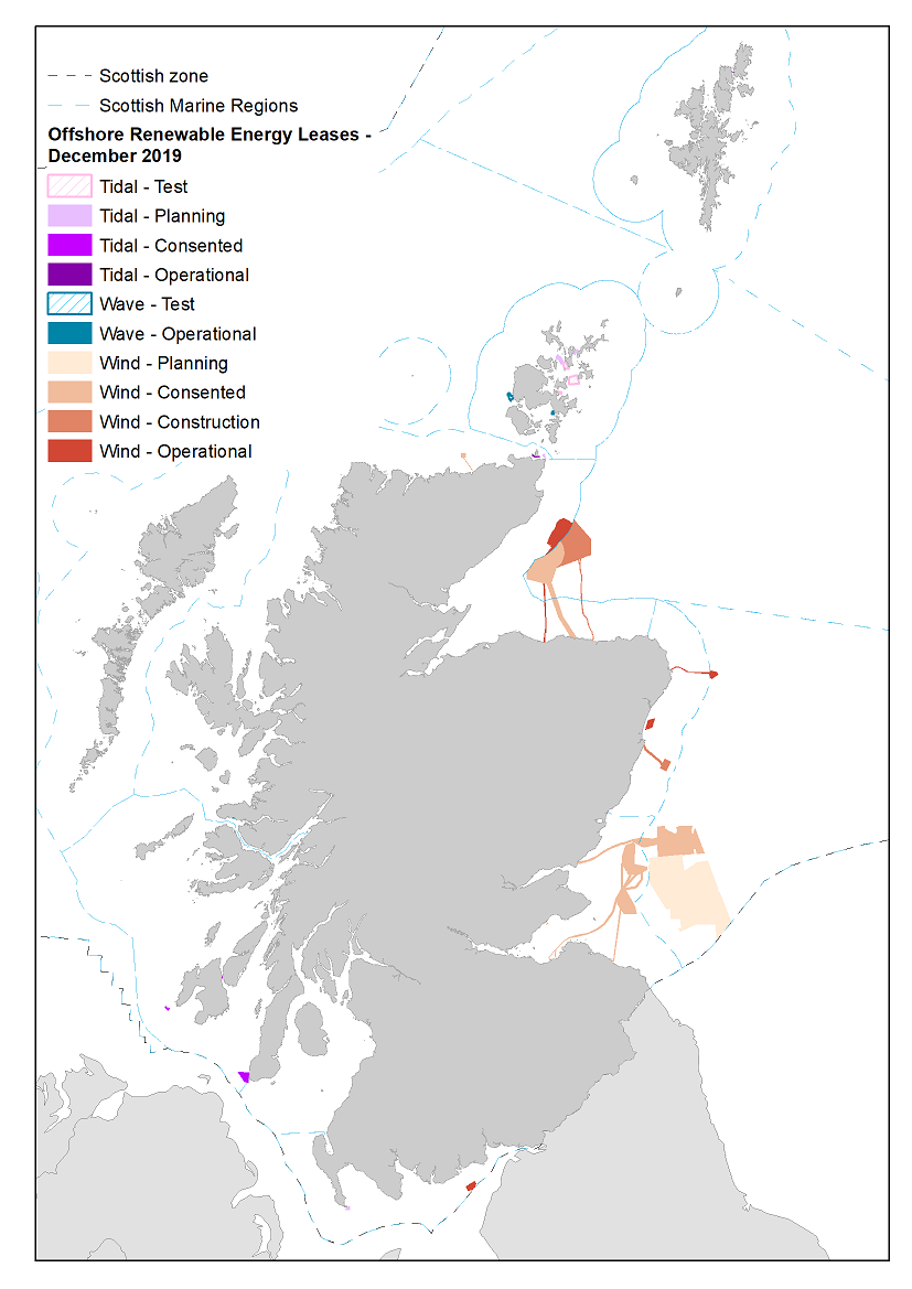 Figure 2: Location of wind, wave and tidal sites, in relation to Scottish Marine Regions / Offshore Marine Regions. Based on Crown Estate Scotland leases December 2019. Source: Crown Estate Scotland lease data © Crown copyright (2019)
