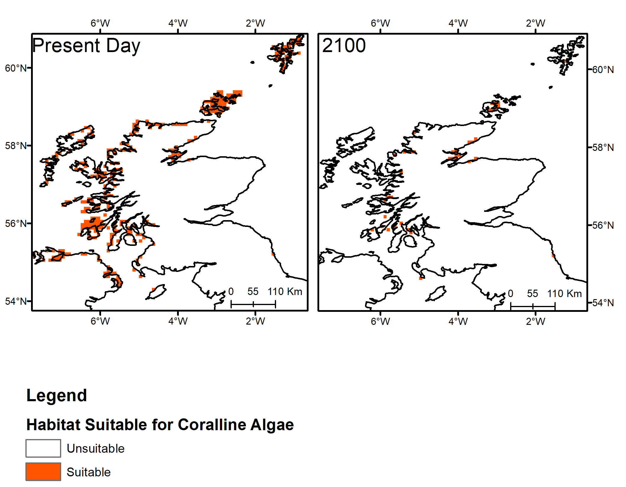 Figure 2 Map of present day maerl bed distribution and predicted distribution in 2100 under a high emission scenario