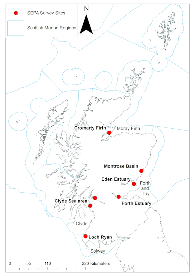 Map of Scottish Marine Regions (SMR) showing seagrass sites sampled