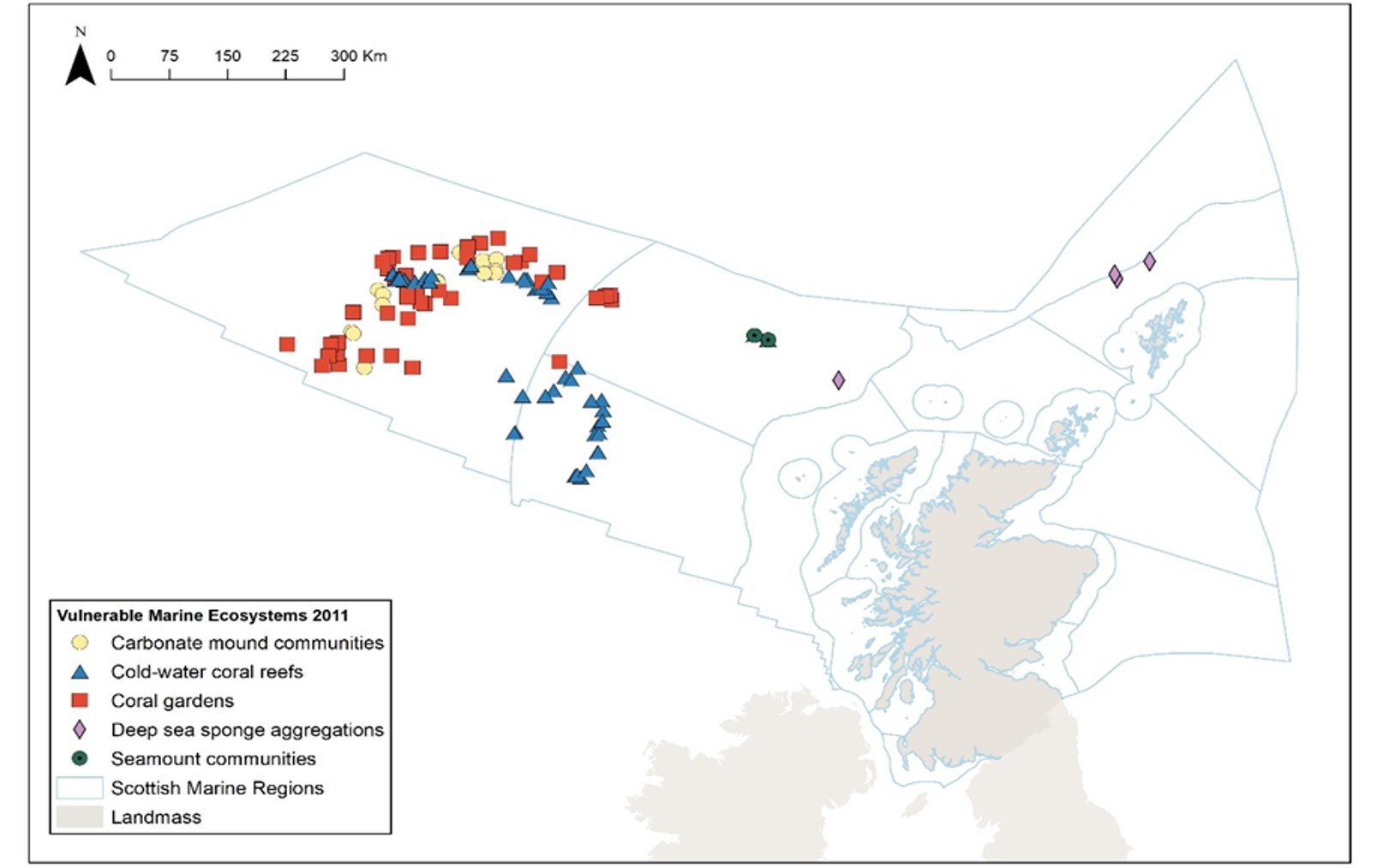 Figure 7. The known extent and distribution of Vulnerable Marine Ecosystems across the deep-waters around Scotland as of 2011 (GeMS: 2011).