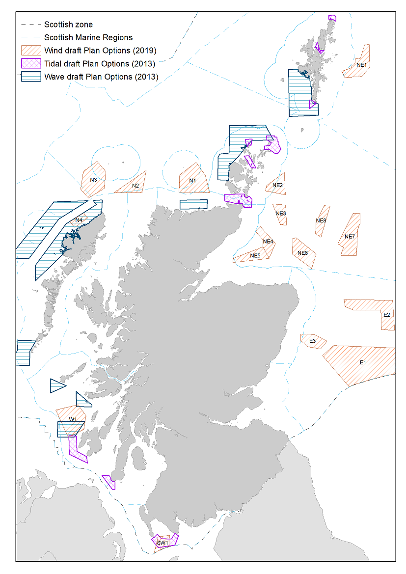 Figure 3: Sectoral Marine Plan for offshore wind energy draft Plan Options (2019) and draft plan options for wave and tidal (2013).