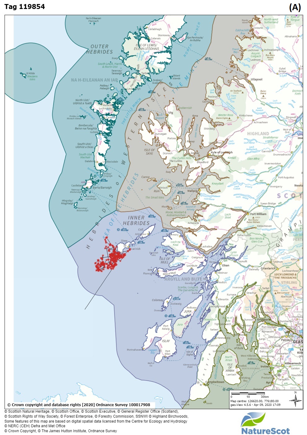 Figure 3: Site fidelity – maps A to D show individual basking shark surface locations from satellite tags deployed during 2012, 2013 or 2014.