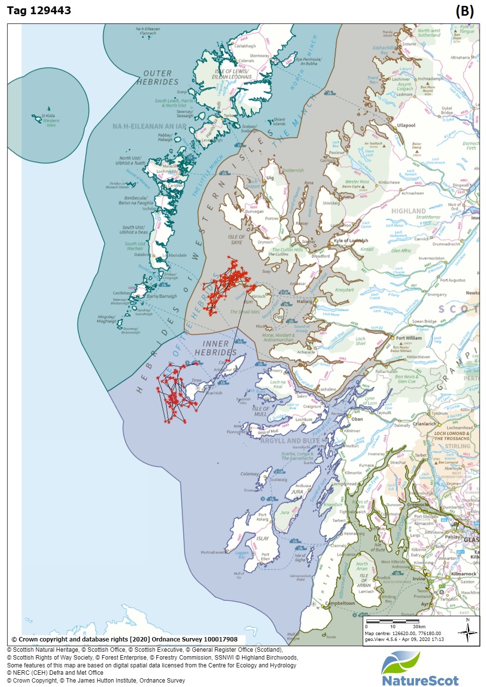 Figure 3: Site fidelity – maps A to D show individual basking shark surface locations from satellite tags deployed during 2012, 2013 or 2014.